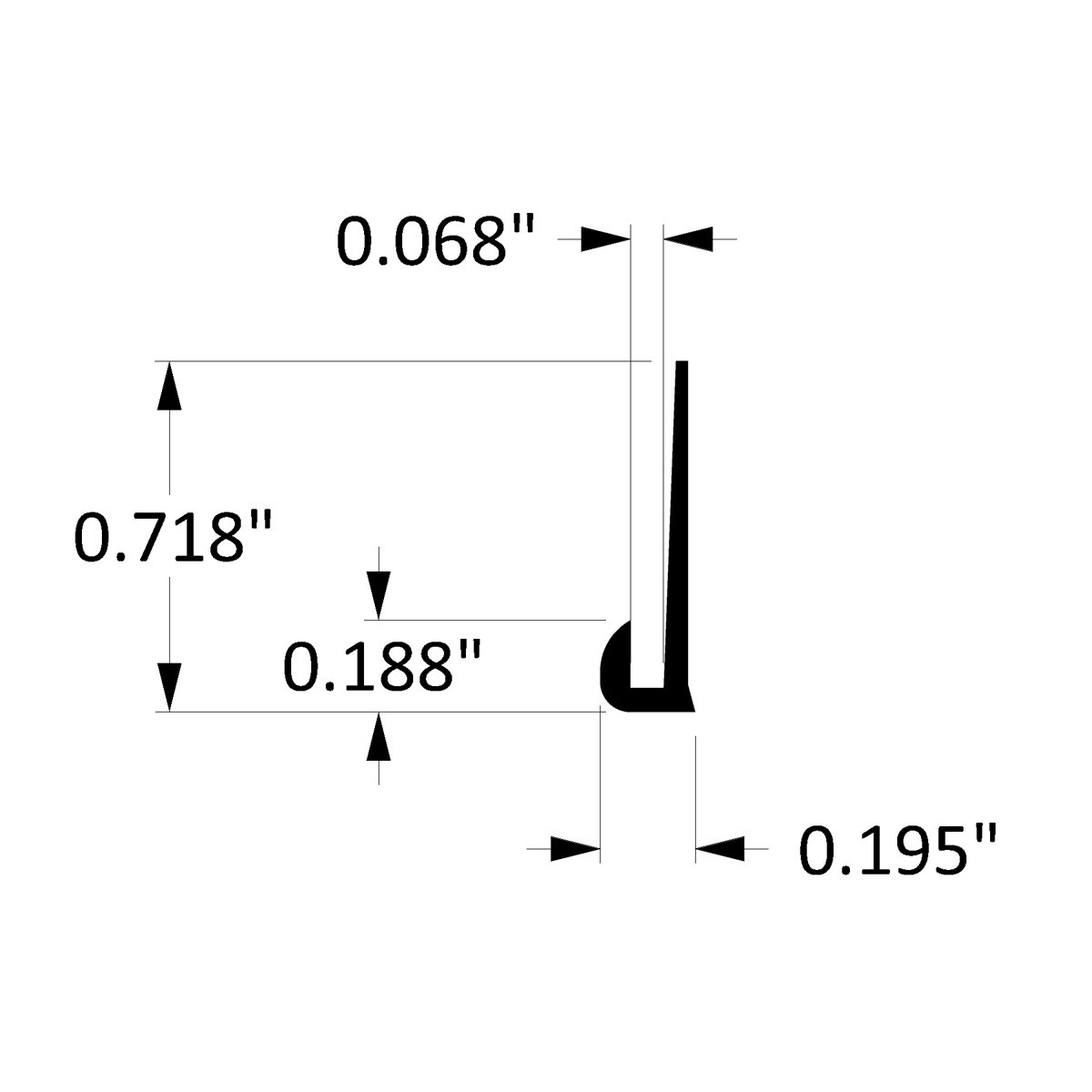 1/16" J Cap Edge Aluminum Trim Channel 6',UChannel