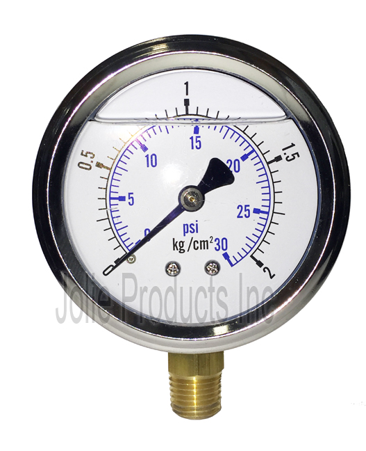 Pressure Gauge - 0-30 PSI liquid filled gauge - 1/4" MPT