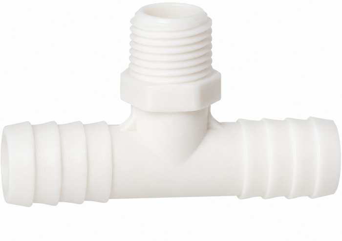 Threaded - Insert Tee Fitting - 1/2" MPT x 3/4" BARB x 3/4" BARB - White Nylon