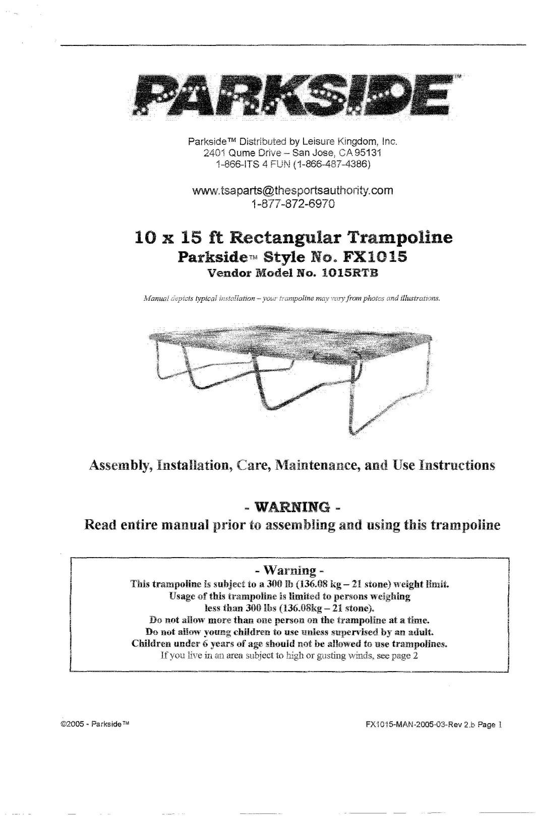 10X15 Parkside Model 1015RTB Trampoline Manual