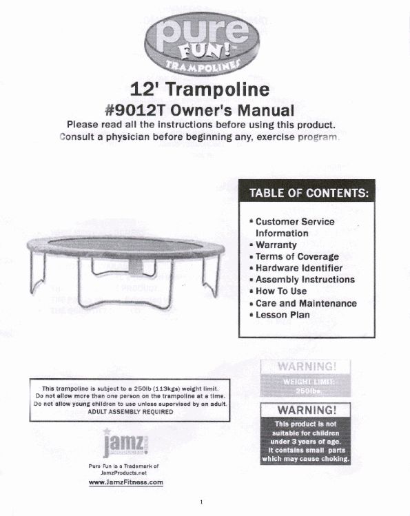 12' PURE FUN 9012T Trampoline Manual