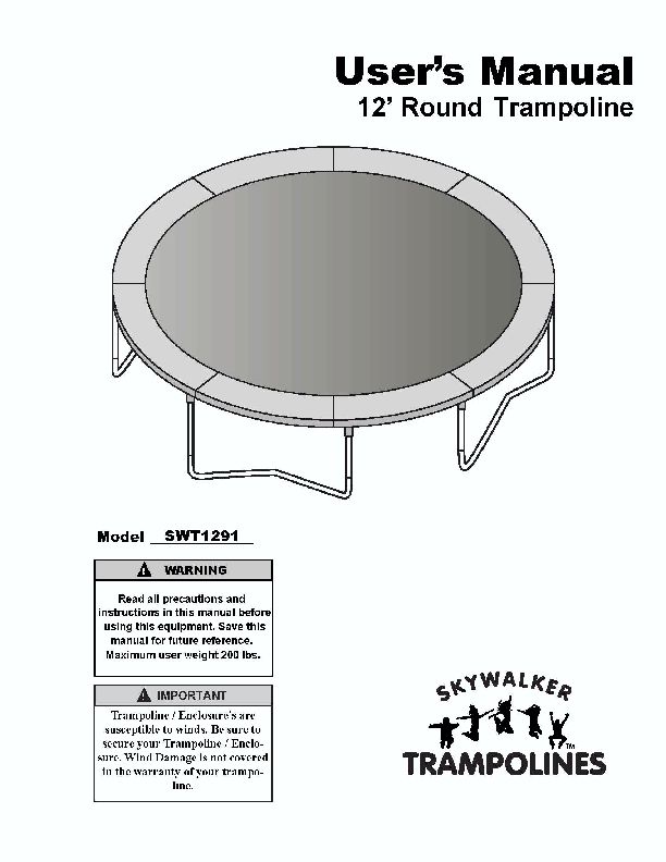 12' SKYWALKER SWT1291 Trampoline Manual