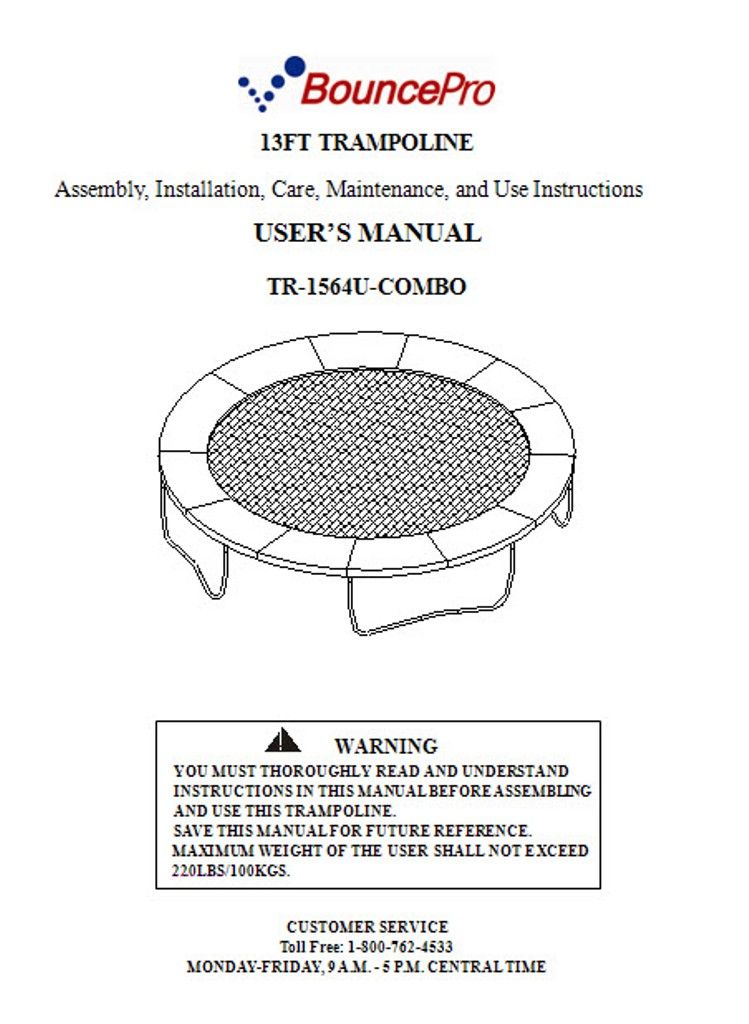 13' Bounce Pro Trampoline Manual for Model