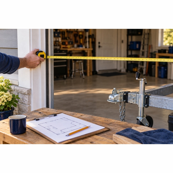 Illustration of measuring a garage opening and planning trailer storage