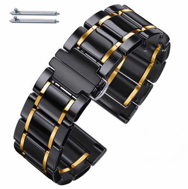 22mm Black & Gold Ceramic Watch Band Butterfly Clasp Quick Release