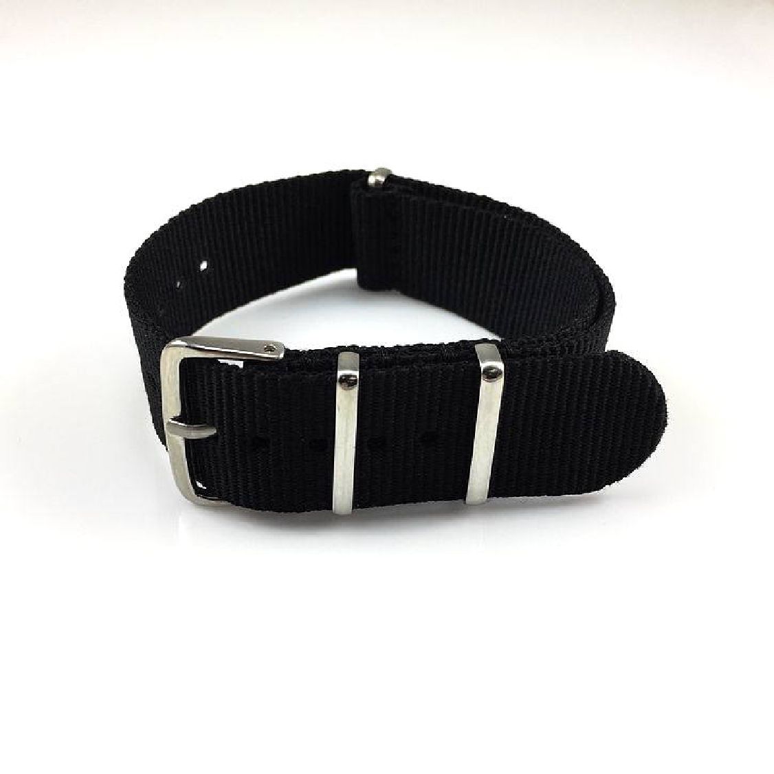 Black One Piece Slip Through Nylon 20mm Watch Band Strap Silver Buckle