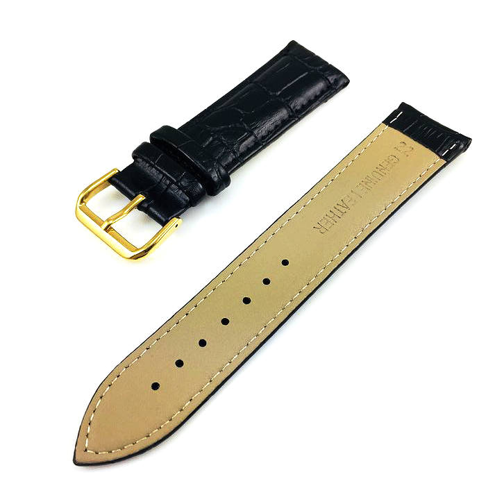 Black Croco Leather Watch Band Gold Buckle 108124