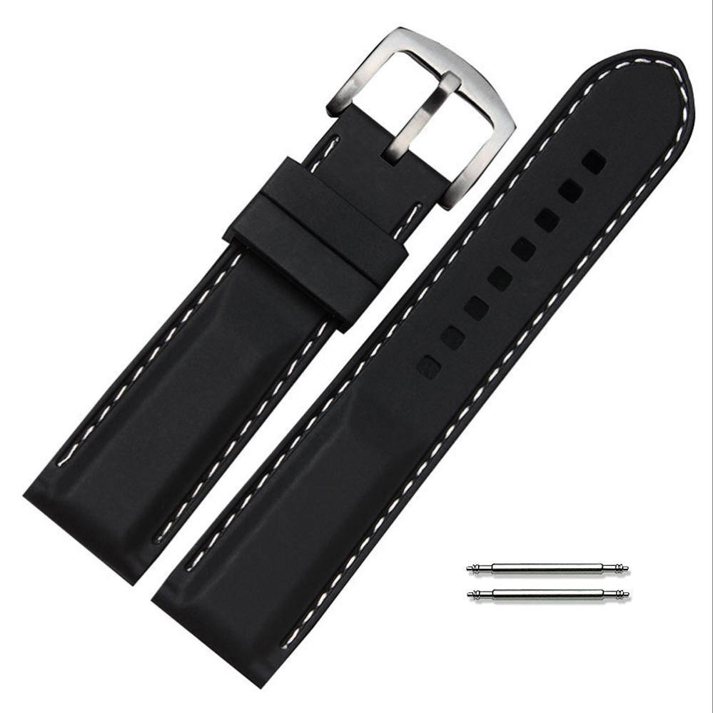 Black Silicone PU Replacement 19mm Watch Band Strap Buckle White