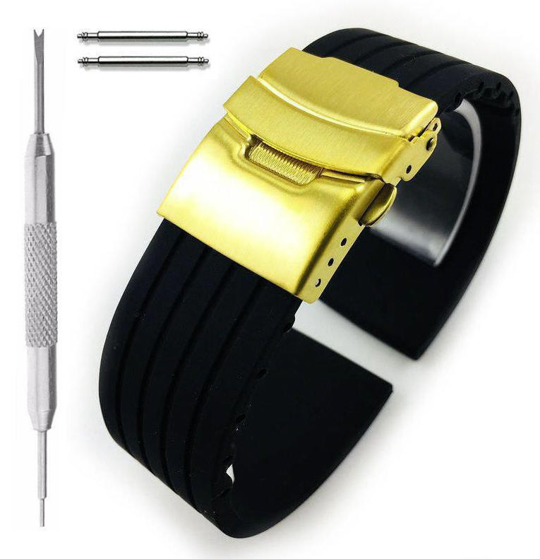 Black Silicone Watch Band Gold Double Lock Clasp 4011G22