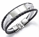 Black & White Leather & Steel Bangle Bracelet Personalized Name Engraving #1027
