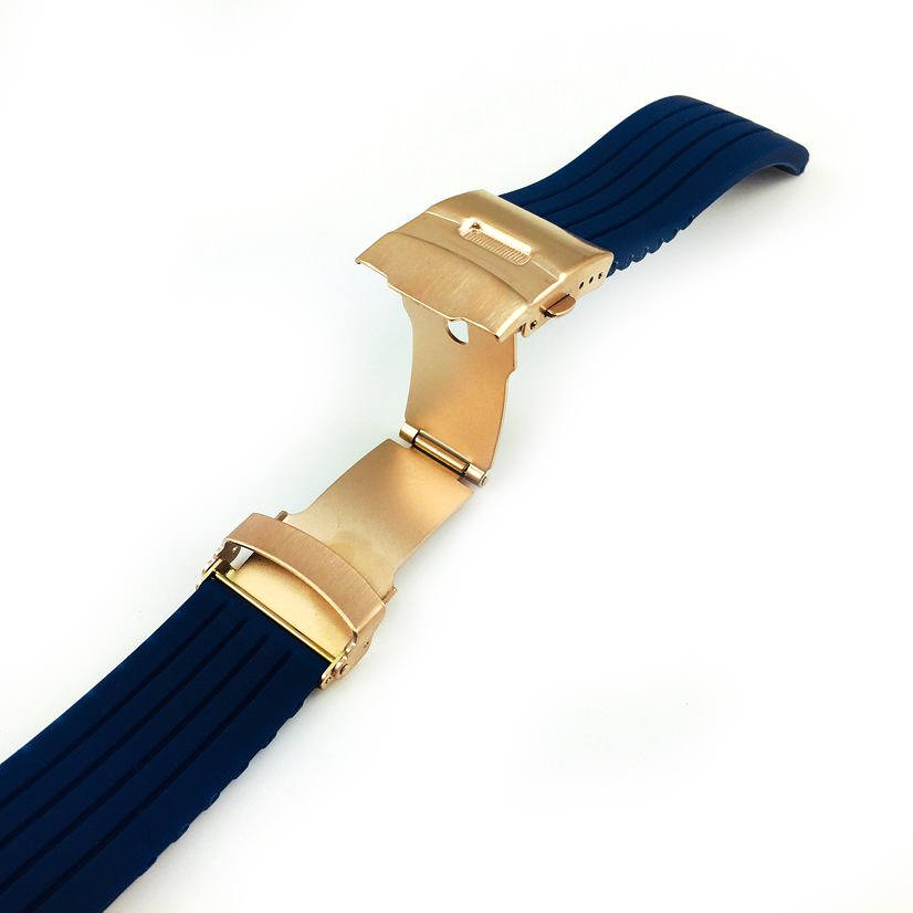 Blue Silicone 18mm Watch Band Strap Rose Gold Double Locking Clasp 4015RG