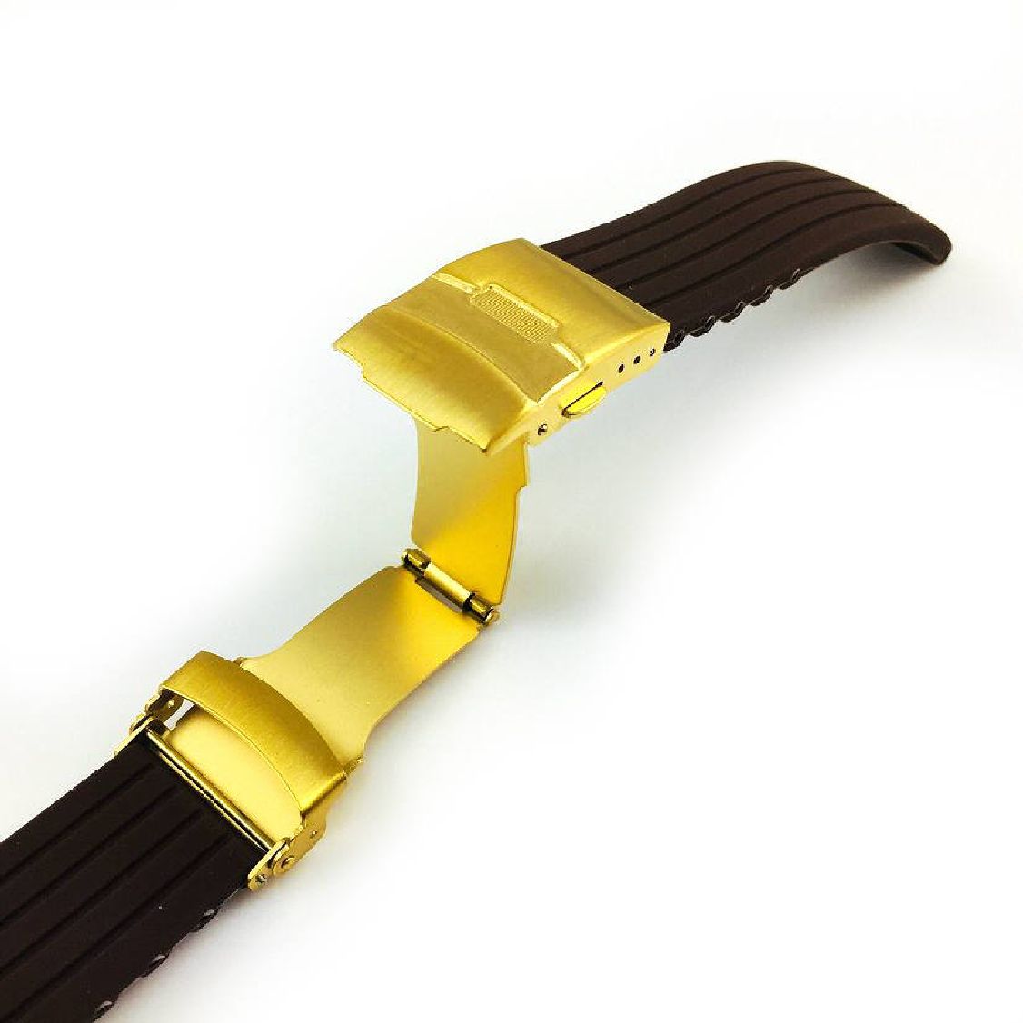 Brown Silicone Replacement 22mm Watch Band Strap Gold Double Lock