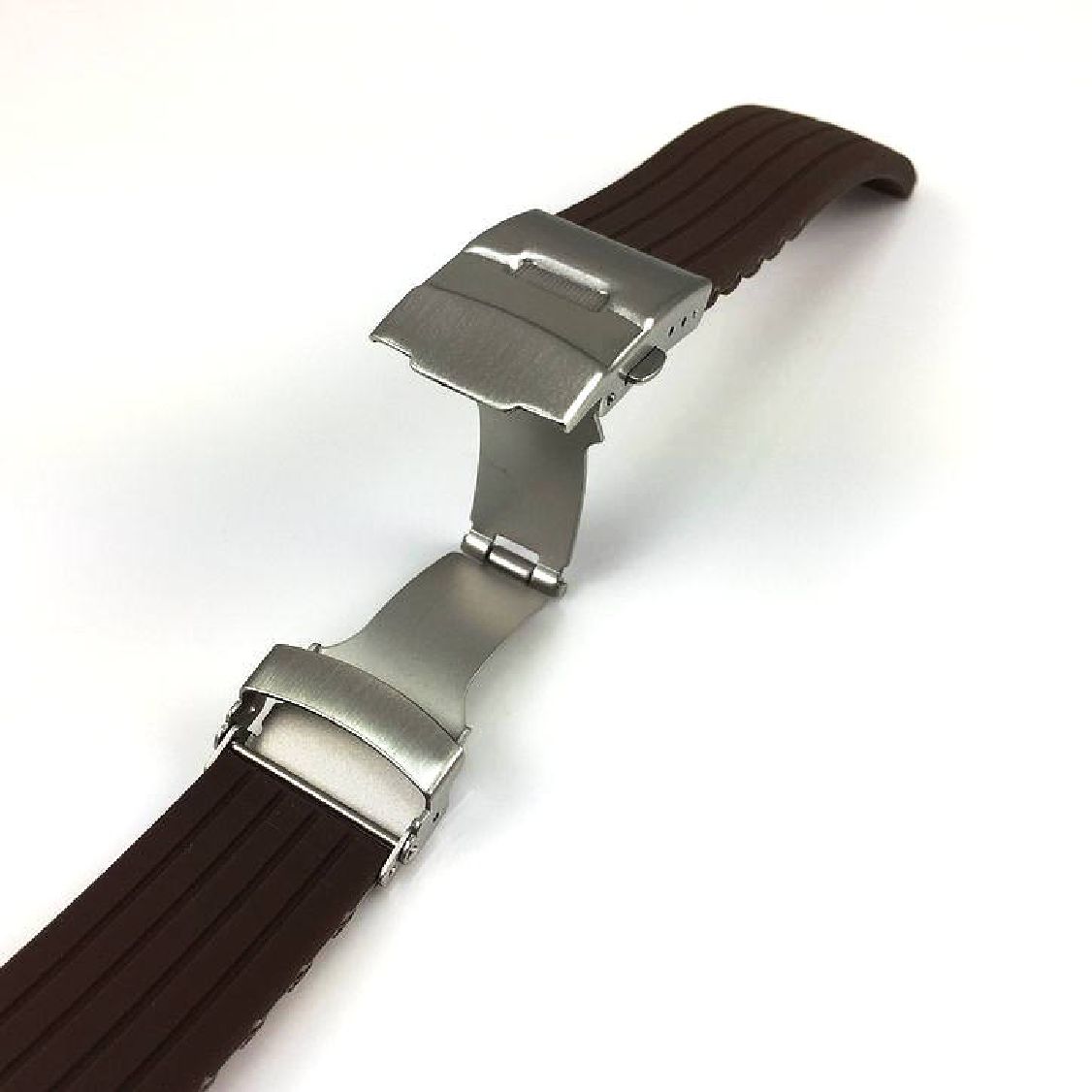 Brown Silicone 23mm Watch Band Strap Double Locking Steel Buckle Clasp