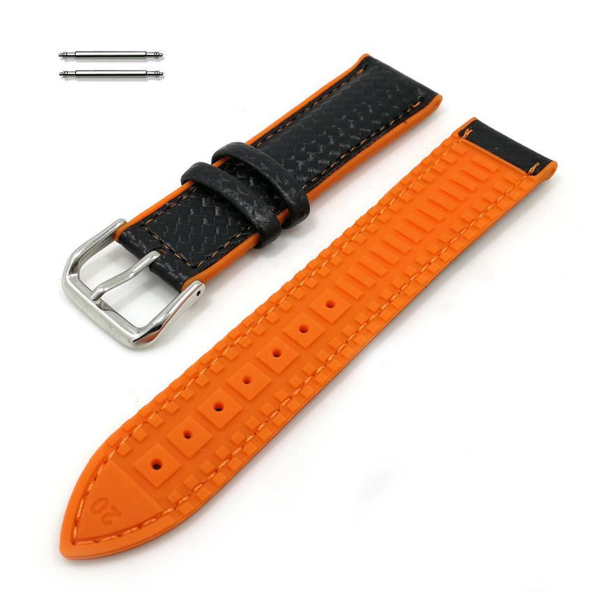 Invicta Compatible Black & Orange Carbon Fiber Leather Replacement