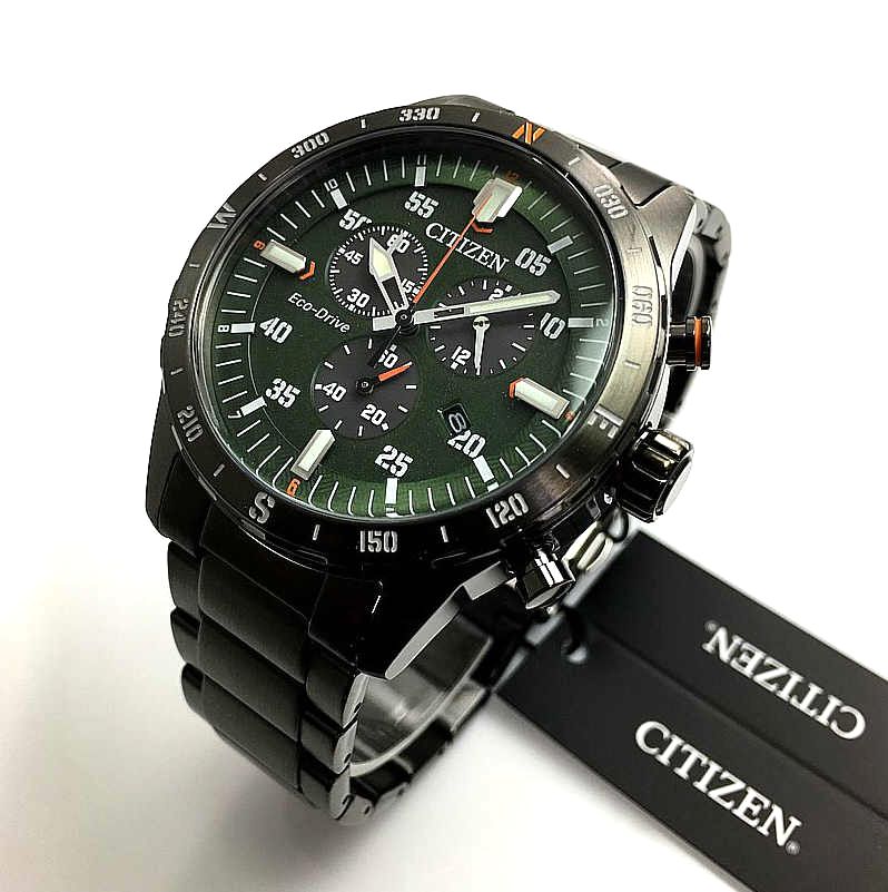 Men's Citizen EcoDrive Sport Chronograph Black Steel Watch AT252780X