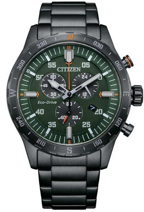 Men's Citizen EcoDrive Sport Chronograph Black Steel Watch AT252780X