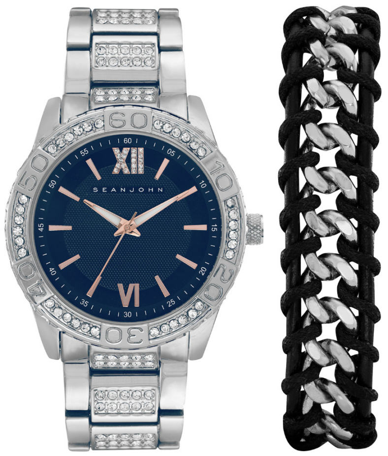 Men's Sean John Gift Set Silver Tone crystallized Metal Watch SJ51031010