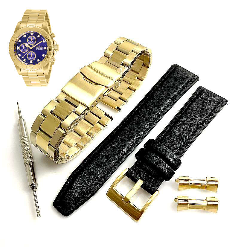 Pack of 2 Steel and Leather Gold Replacement Watch Band Invicta Pro