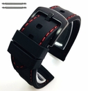 Seiko Compatible Black Rubber Silicone PU Replacement Watch Band Strap Red Stitching Steel Buckle #4006