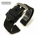 Seiko Compatible Black Rubber Silicone PU Replacement Watch Band Strap Steel Buckle Yellow Stitching #4005
