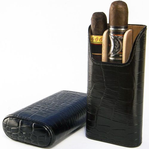 Brizard  Showband Croco Pattern Black Leather Cigar Case - Made in USA
