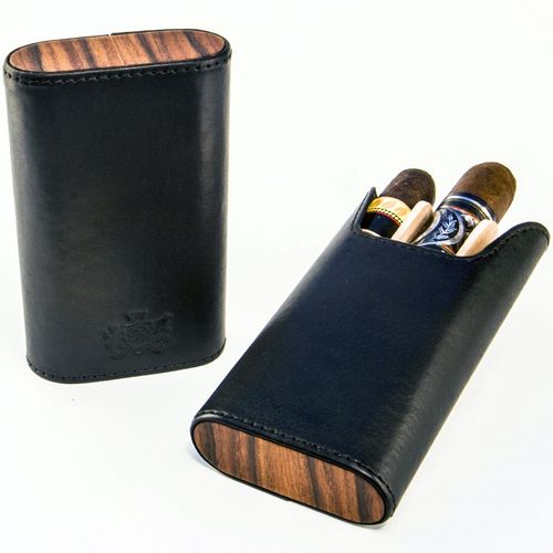 Brizard  Sunrise Black Leather and Rosewood Flat Top Cigar Case - Made in USA