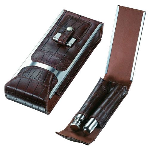 Visol Alton Leather Cigar Case, Cigar Cutter and Flask Travel Set