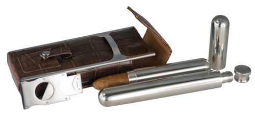 Visol Alton Leather Cigar Case, Cigar Cutter and Flask Travel Set