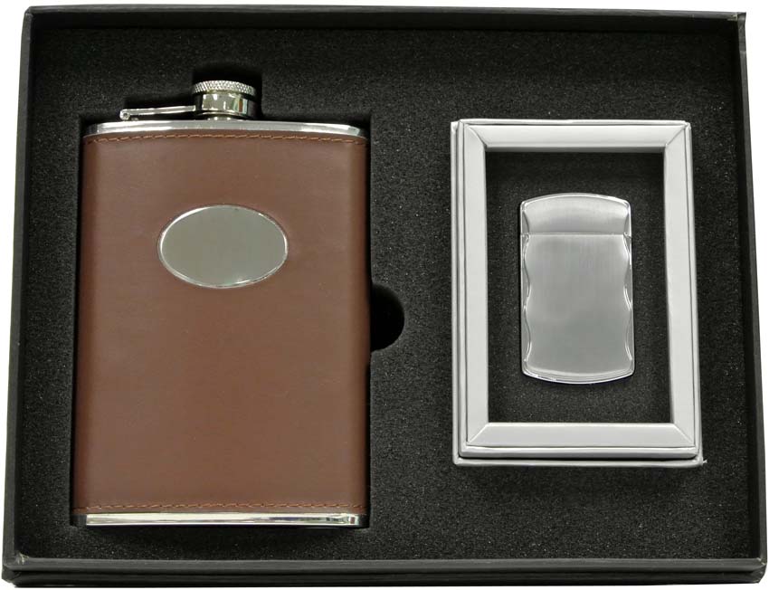 Visol Devlin Brown Leatherette 8oz Flask & Lighter Gift Set