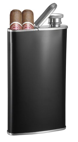 Visol Edian Stainless Steel Matte Black 4oz Hip Flask with Built-in Cigar Holder 