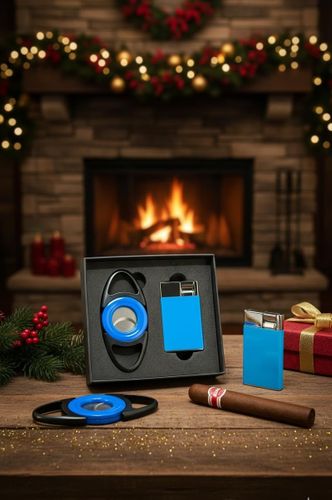 Visol Gift Set - Bullseye Blue Double Guillotine Cutter & Cougar Blue Single Flame Lighter 