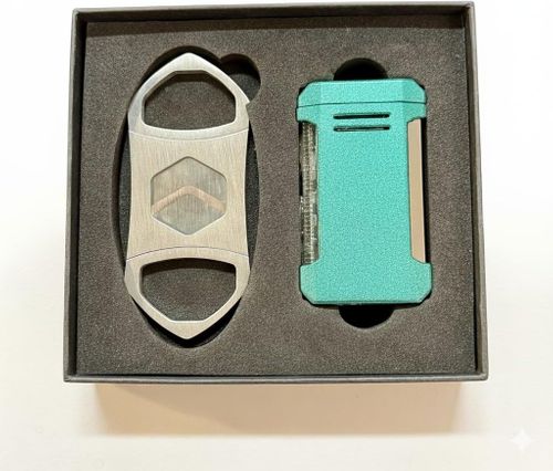 Visol Gift Set - Hex Silver Double Guillotine Cutter & Vinson Green Torch Lighter with Punch