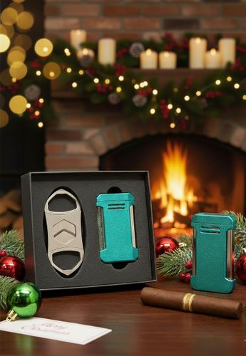 Visol Gift Set - Hex Silver Double Guillotine Cutter & Vinson Green Torch Lighter with Punch