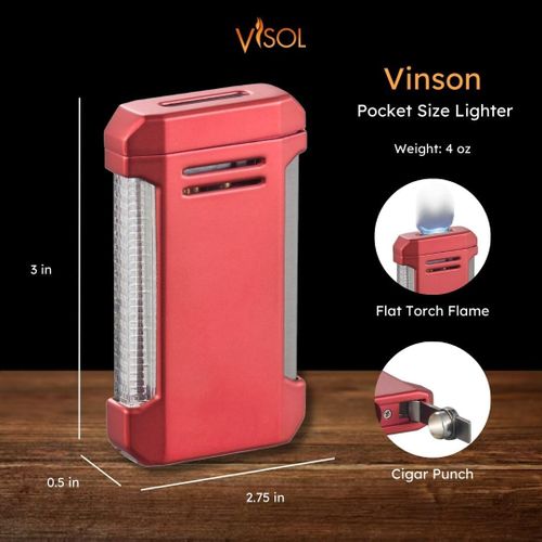 Visol Gift Set - Hex Silver Double Guillotine Cutter & Vinson Red Torch Lighter with Punch