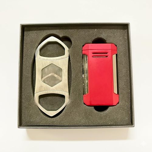 Visol Gift Set - Hex Silver Double Guillotine Cutter & Vinson Red Torch Lighter with Punch