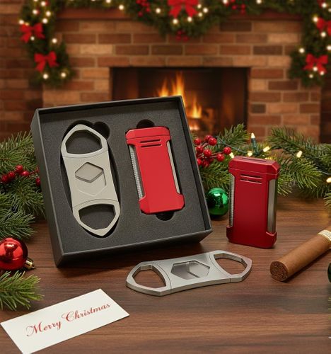 Visol Gift Set - Hex Silver Double Guillotine Cutter & Vinson Red Torch Lighter with Punch