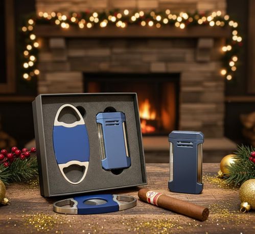 Visol Gift Set - Perfecto Blue Double Guillotine Cutter & Vinson Blue Flat Torch Lighter Visol Gift Set - Perfecto Blue Double Guillotine Cutter & Vinson Blue Flat Torch Lighter