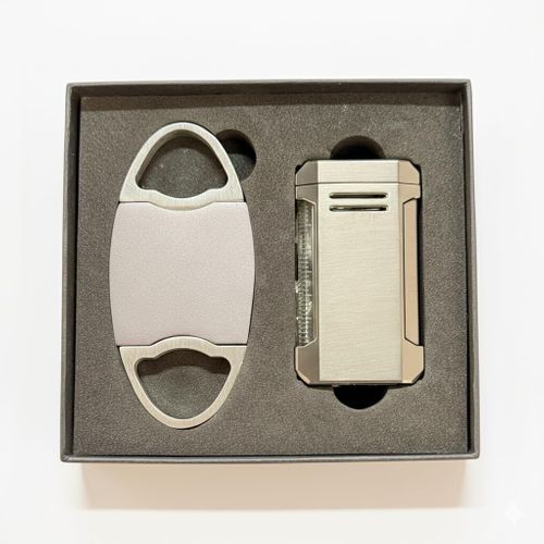 Visol Gift Set - Perfecto Gunmetal Double Guillotine Cutter & Vinson Gunmetal Flat Torch Lighter