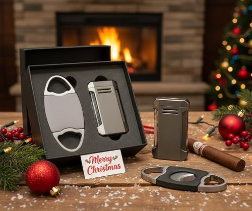 Visol Gift Set - Perfecto Gunmetal Double Guillotine Cutter & Vinson Gunmetal Flat Torch Lighter