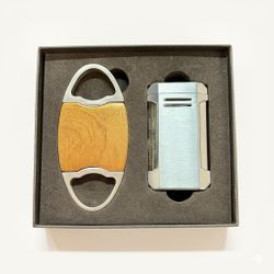 Visol Gift Set - Perfecto Wood Double Guillotine Cutter & Vinson Silver Flat Torch Lighter