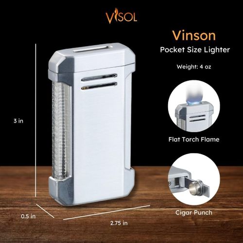 Visol Gift Set - Perfecto Wood Double Guillotine Cutter & Vinson Silver Flat Torch Lighter