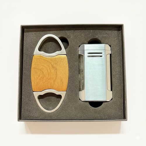 Visol Gift Set - Perfecto Wood Double Guillotine Cutter & Vinson Silver Flat Torch Lighter