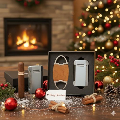 Visol Gift Set - Perfecto Wood Double Guillotine Cutter & Vinson Silver Flat Torch Lighter