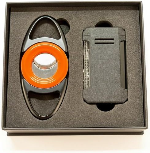  Visol Gift Set - Vinson Flat Torch Lighter Black and Bullseye Orange Double Guillotine Cigar Cutter