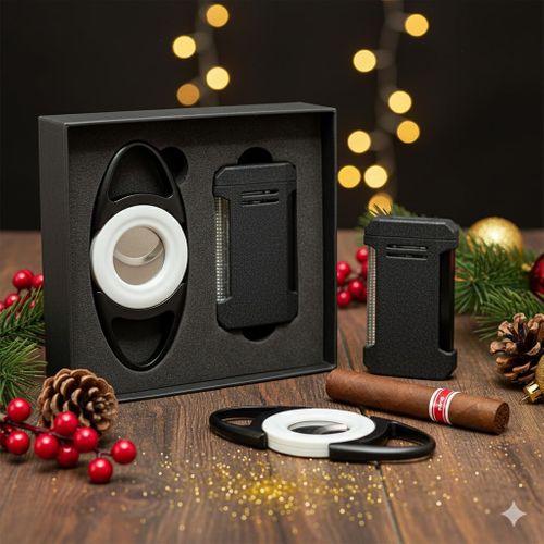 Visol Gift Set - Vinson Flat Torch Lighter Black and Bullseye White Double Guillotine Cigar Cutter Visol Gift Set - Vinson Flat Torch Lighter Black and Bullseye White Double Guillotine Cigar Cutter