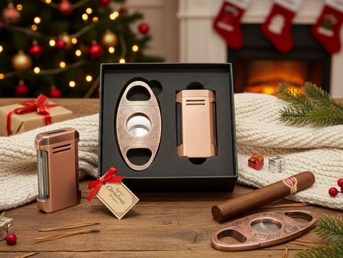 Visol Gift Set - Wild West V-Cut Cutter Antique Copper & Vinson Bronze Torch Lighter with Punch