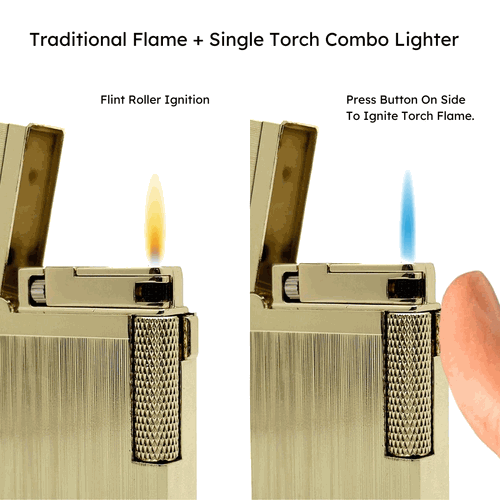 Visol Hubbard Brushed Stripes Soft Flame and Torch Flame Flint Lighter - Gold