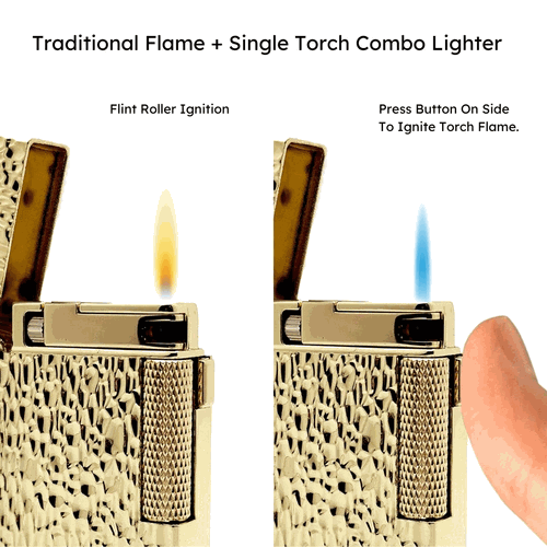 Visol Hubbard Hammered Soft Flame and Torch Flame Flint Lighter - Gold