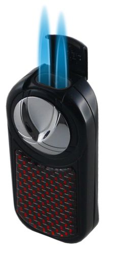 Visol Matte Black with Metallic Red Carbon Fiber and Chrome Activator Double Torch Flame Cigar Lighter