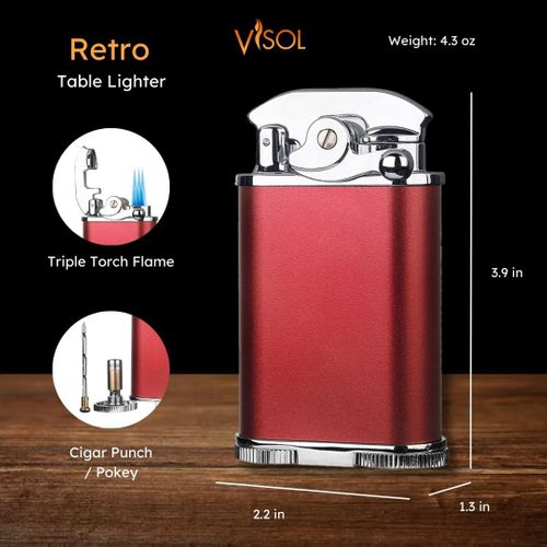 Visol Retro Triple Flame Cigar Lighter - Red & Chrome